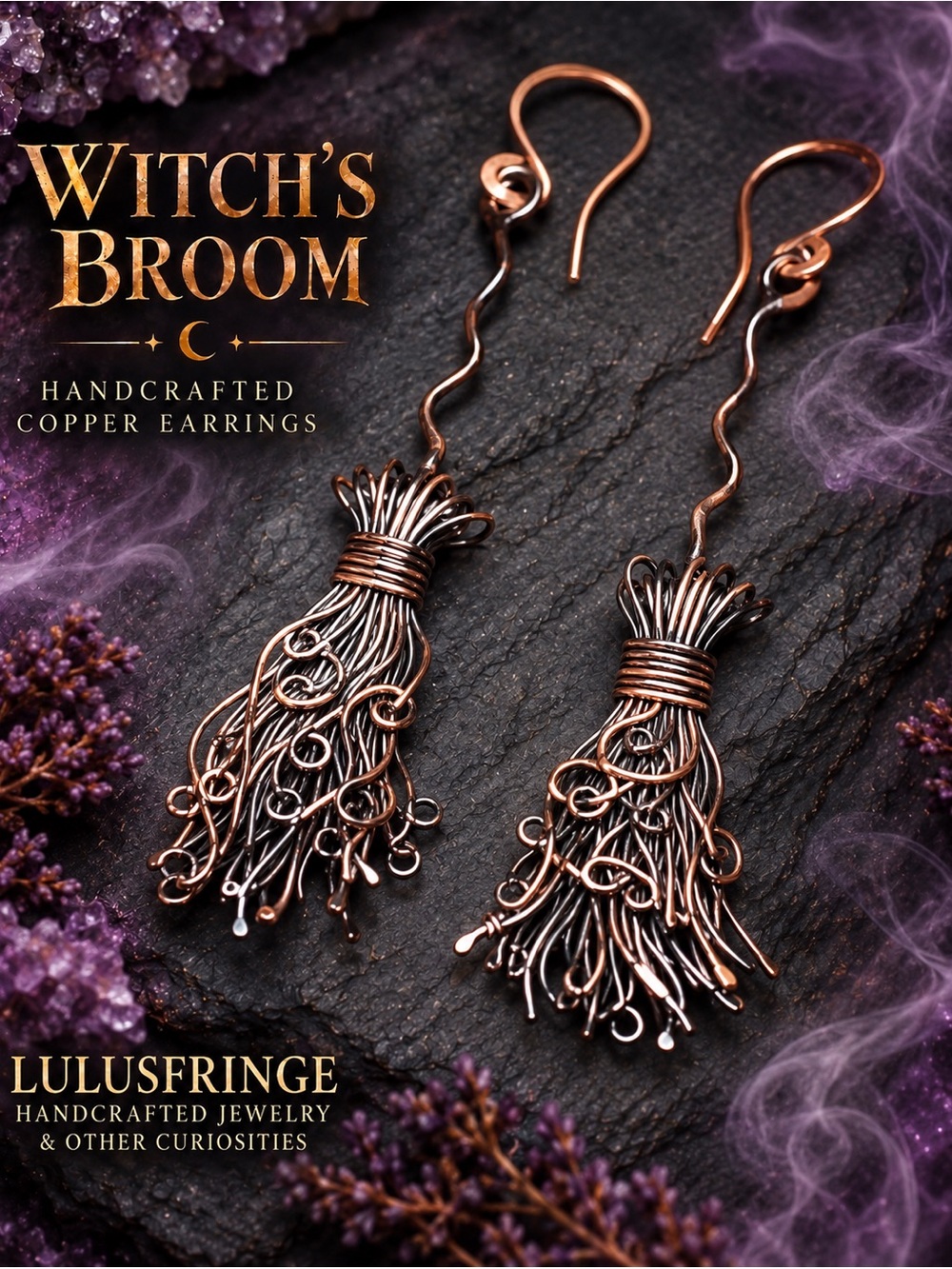 Artisan Copper Witch's Broom Dangle Earrings - Copper